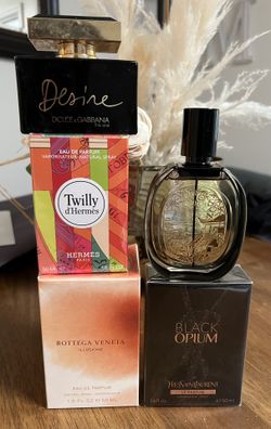 5 Bottles Of Fragrances Hermes Twilly, YSL Black Opium, diptyque Do Son, Bottega Venetta Illusion, D&G Desire