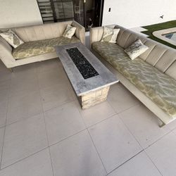 Beautiful Grey Suede Couch Set With Propane Fireplace Table 