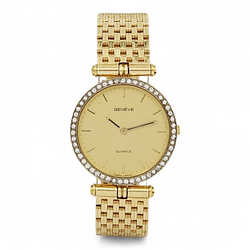 Vintage Ladies Geneve 31mm 14K Yellow Gold Watch with Gold Dial and Diamond Bezel. (Pre-Owned)