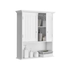 Tangkula Wall Mount Bathroom Cabinet Wooden Medicine Cabinet Storage Organizer with 2-Doors and 1-Shelf Cottage Collection Wall Cabinet (White)  4224