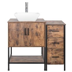 36" Brown Bathroom Vanity Set with Side Cabinet Mid-Century Vanity with Sink & Faucet