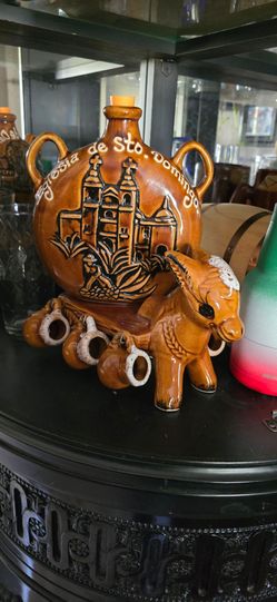 Vintage Ceramic Donkey with Cart Tequila Decanter and Barrel Shot Glasses