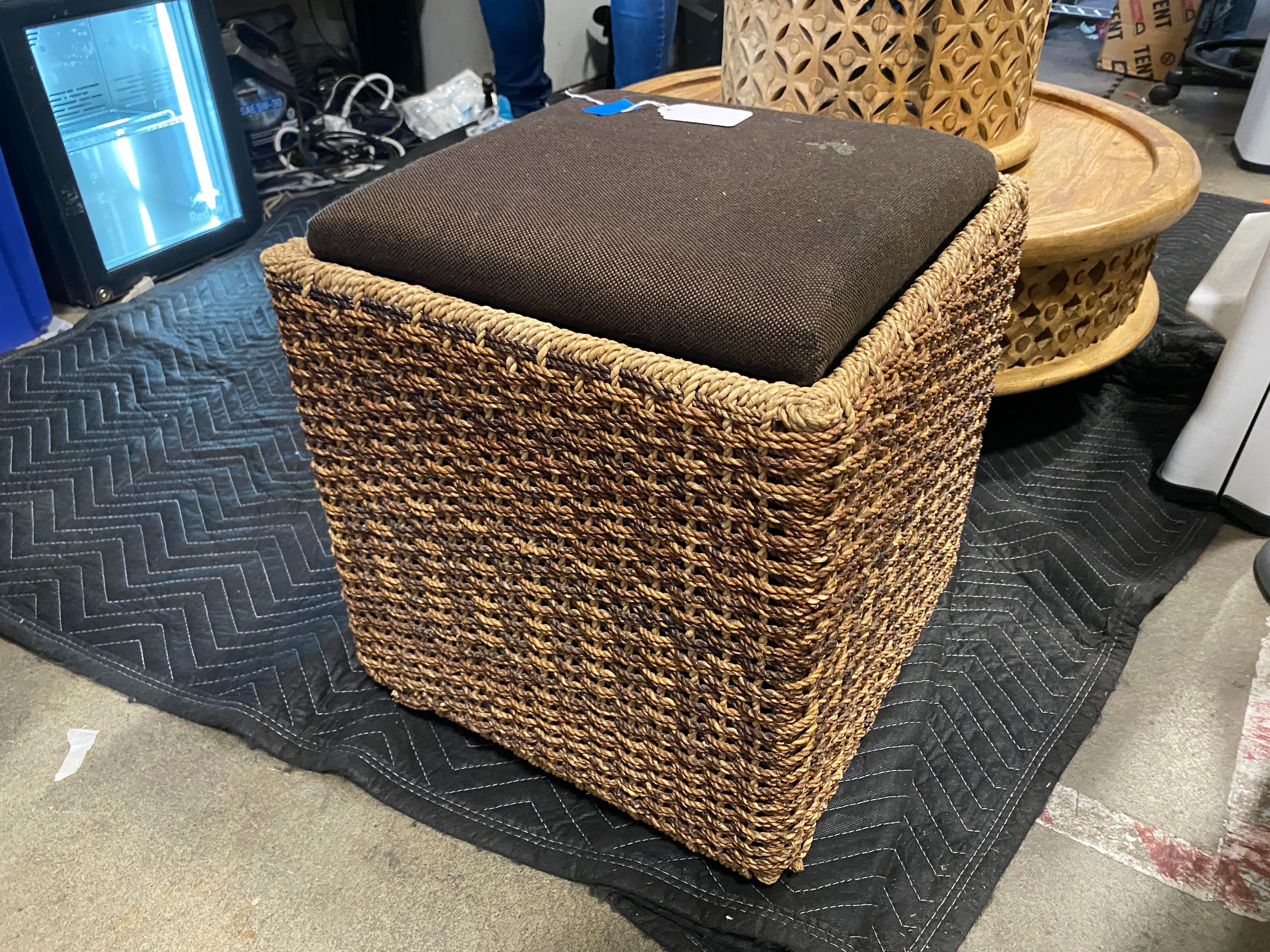 Woven Wicker Basket Ottoman with Removable Tray