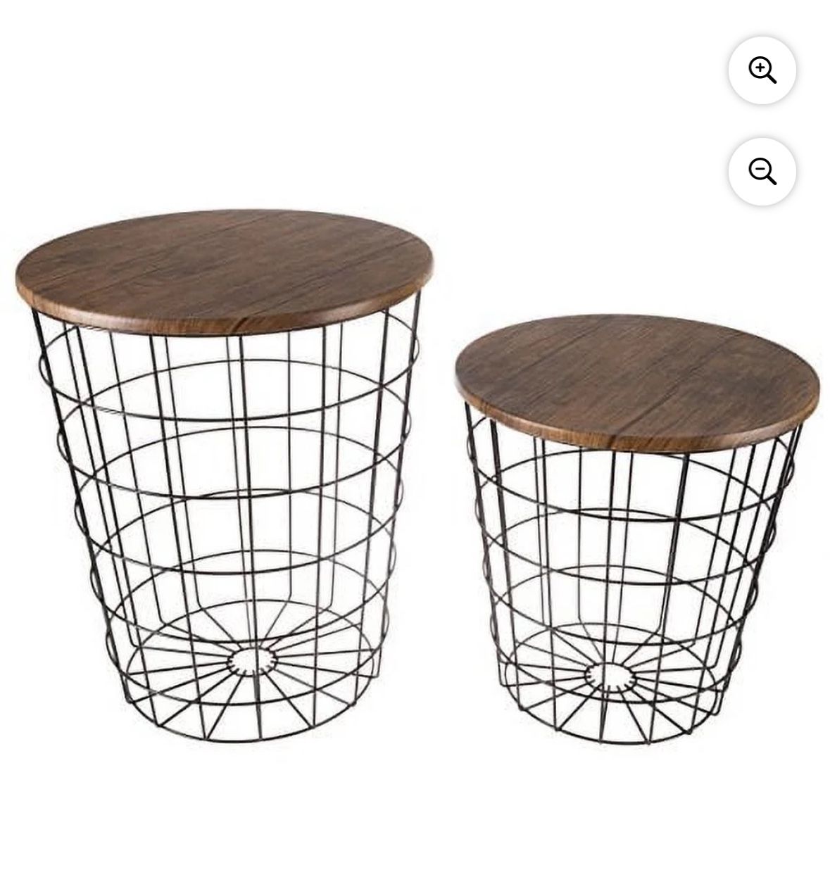 Lavish Home 80-ENDTBL-2 (Set of 2) Nesting End Storage Convertible Round Metal Basket Wood Veneer Top Accent Side Tables, Dark Brown