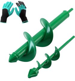 Auger Drill Bit 2 PCS Set with Garden Gloves for Planting Hole Drill Planter Auger Spiral Hole Drill Bit Bulb Bedding Digging Post Hole Planting Tool