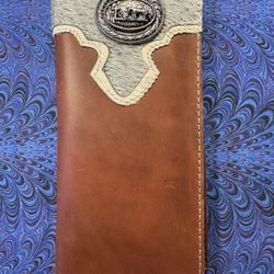 New Men's Handmade Wallet Praying Cowboy Rivet Brown Genuine Leather & Cow Fur