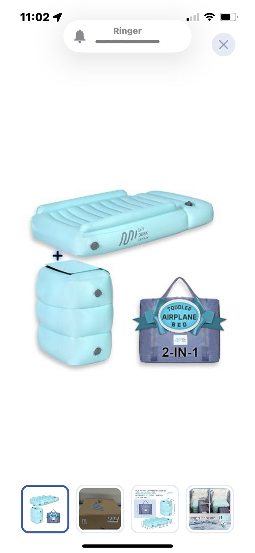 “New”Airplane,train Etc.  Inflatable Travel Bed (w/footrest)For Kids(w/bag & Pump)retail$79