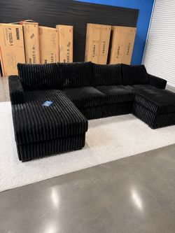 Black Corduroy Double Chaise Sectional β Fluffy Oversized Couch β $10 Down $599