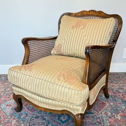 Vintage Cane Chair - French Bergère — Striped Lion Fabric — Carved Wood 