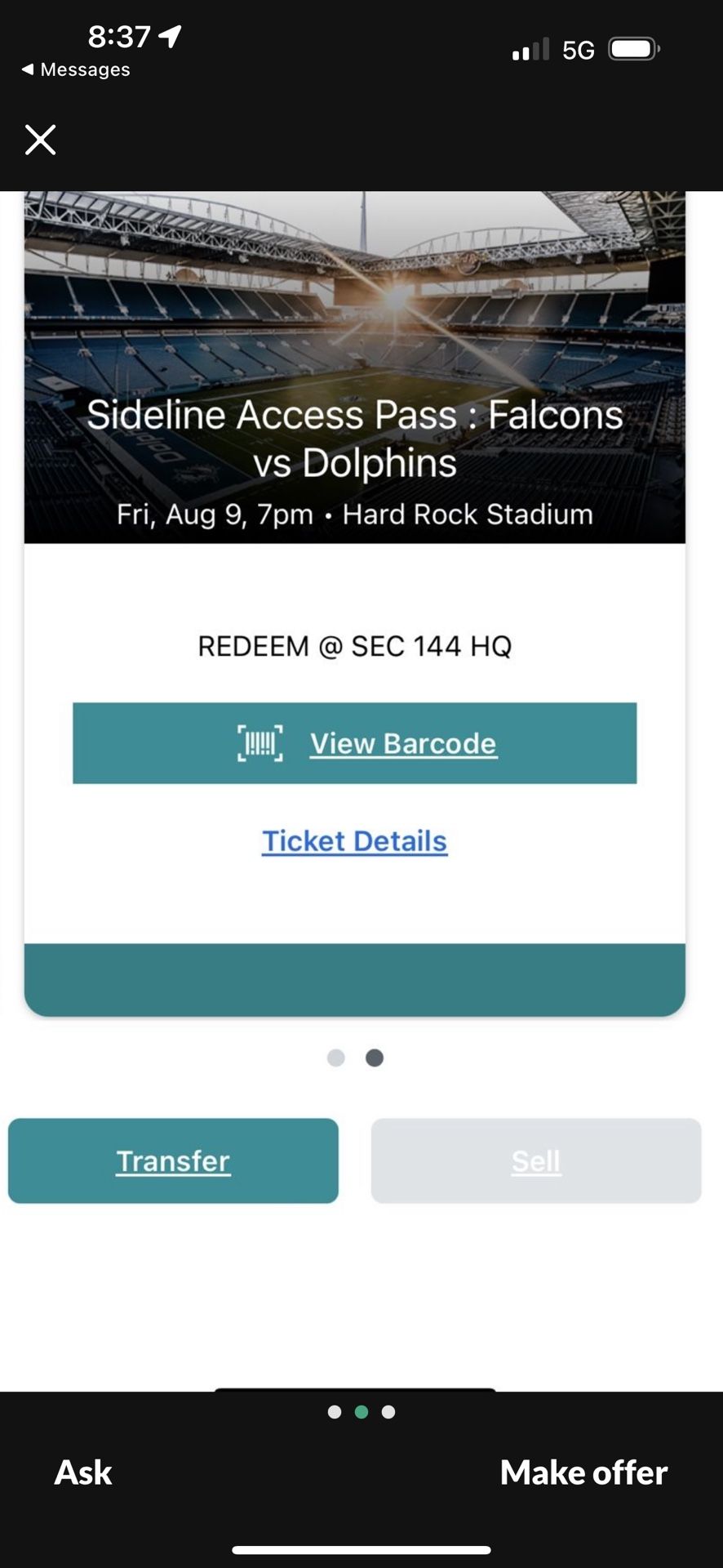 Miami Dolphins Falcons August 9th Field Access Passes Home Side 