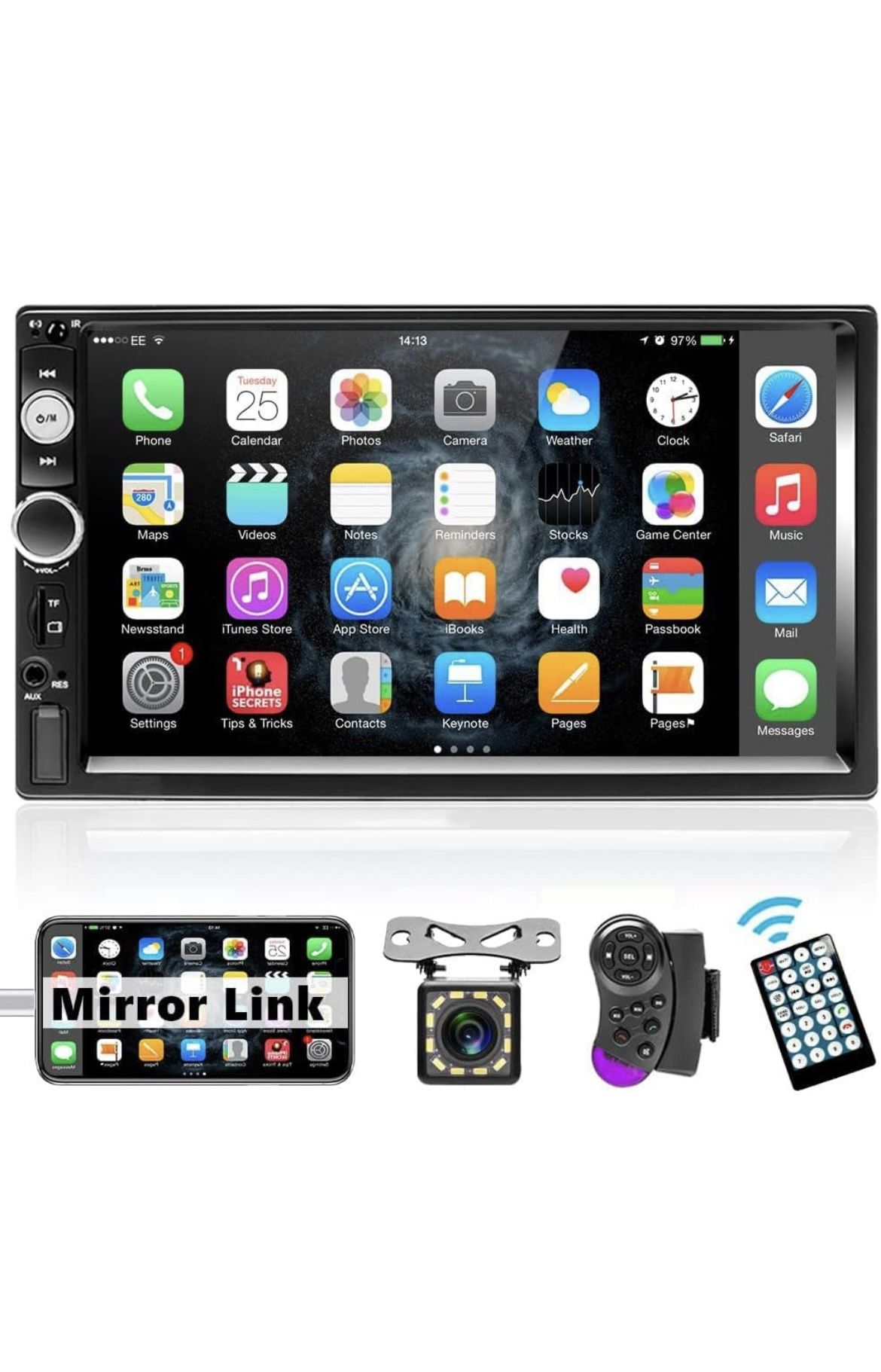 Podofo Double Din Car Stereo with Bluetooth, 7 Inch Touch Screen Car Radio MP5 Player Support FM Radio/AUX/Mirror Link/Steering Wheel Control + Backup