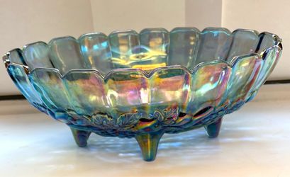 VINTAGE BLUE INDIANA GLASS HARVEST GRAPE PATTERN FOOTED CARNIVAL GLASS DISH