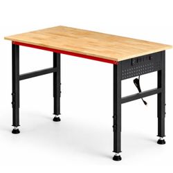 48" Workbench with Feet, Adjustable Height Workbench with Power Strip & Pegboard, 2000LBS Load Capacity Solid Wood Top Work Table with Reinforced Stee