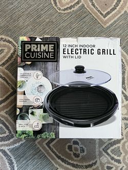 PRIME CUISINE 12 INCH INDOOR ELECTRIC GRILL WITH LID PRIME CUISINE, Aluminum Pan With Non-Stick Coating - Tempered Glass Lid Cool To Touch Handle Two 