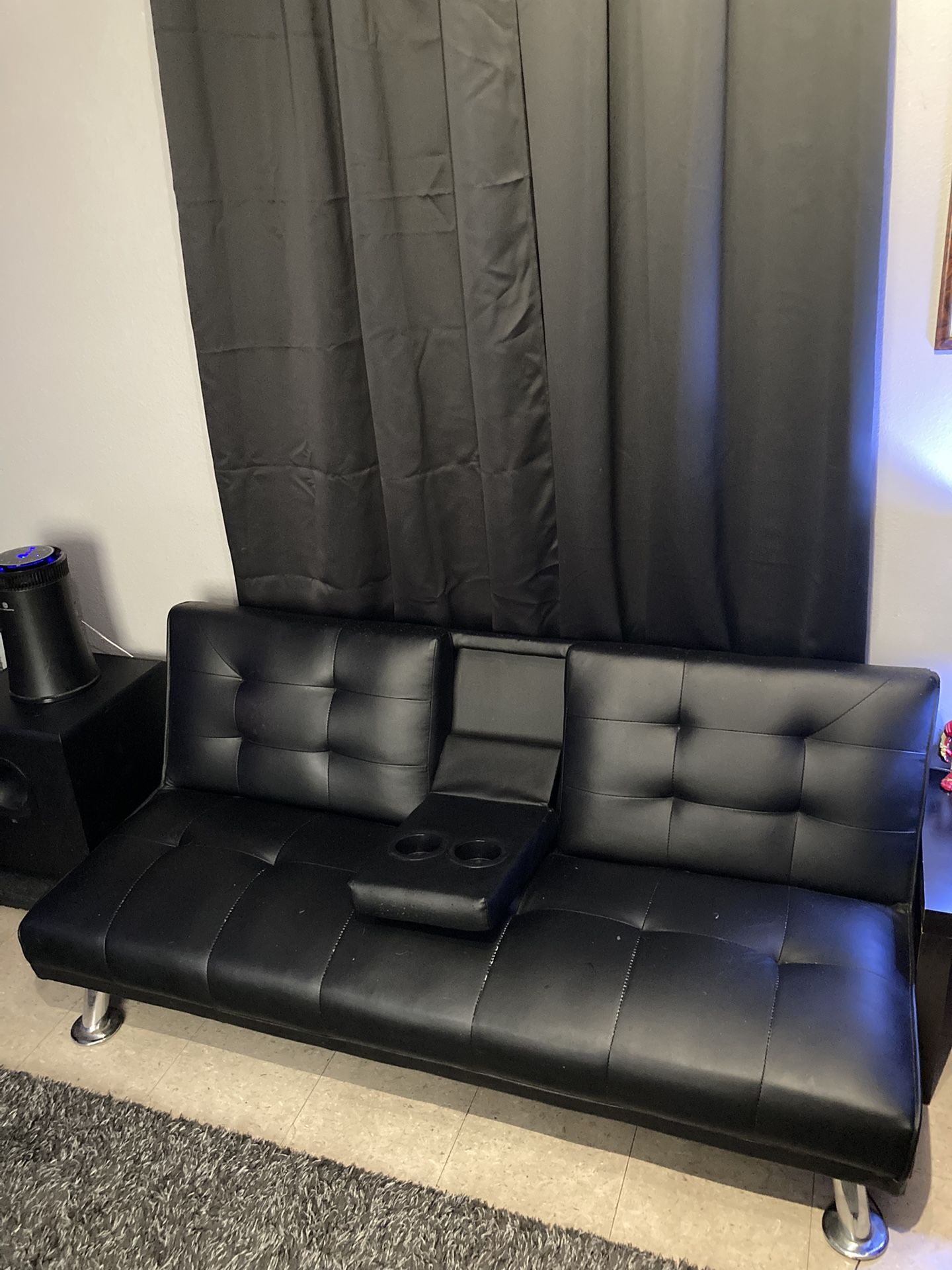 Faux Leather Futon Sofa W/ Cupholders