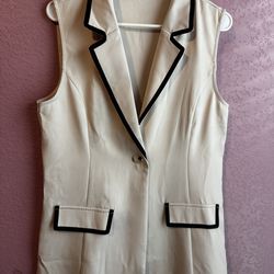 Women's Cream Sleeveless Blazer with Black Trim