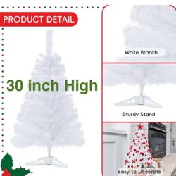 ✌️ 30”Artificial Christmas Tree White Mini Tabletop Christmas Pine Tree with Plastic Stand Small Xmas Tree for Indoor Outdoor Holiday Home Decoration,