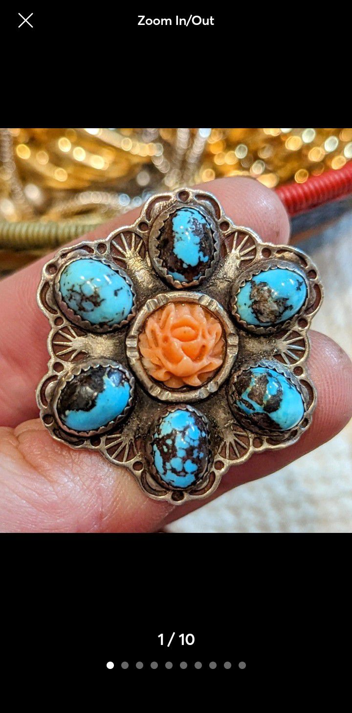 Bisbee Turquoise And Pink Coral, Sterling Silver Old Pawn/Navajo Ring