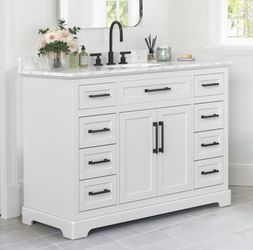 48” White bathroom vanity sink with Mable top and drawers