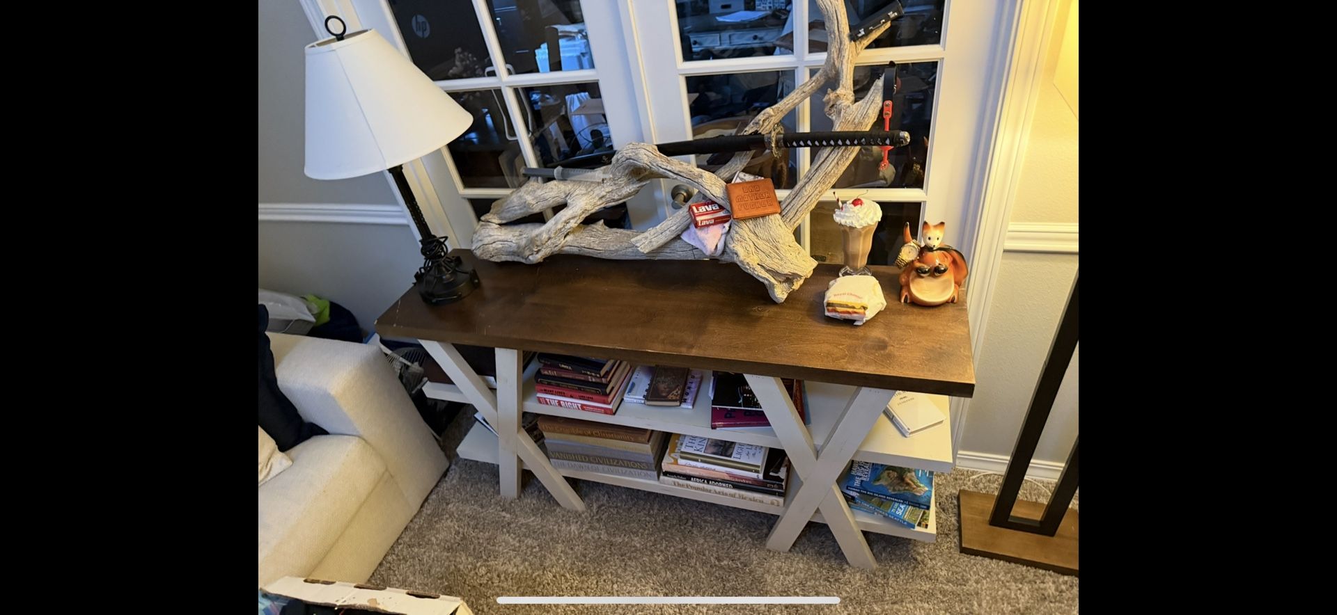 Rustic Wood & White X-Design Console Table with Shelf