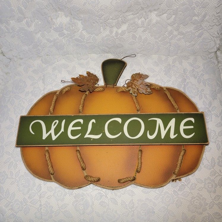 Vtg Welcome Wood Sign Pumpkin Shape Metal Rustic Fall Home Wall Decor Jute Rope