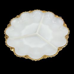 Vintage MilkGlass Sectioned Serving Plate Canapé Dish with Gilded Rim Gold Rim