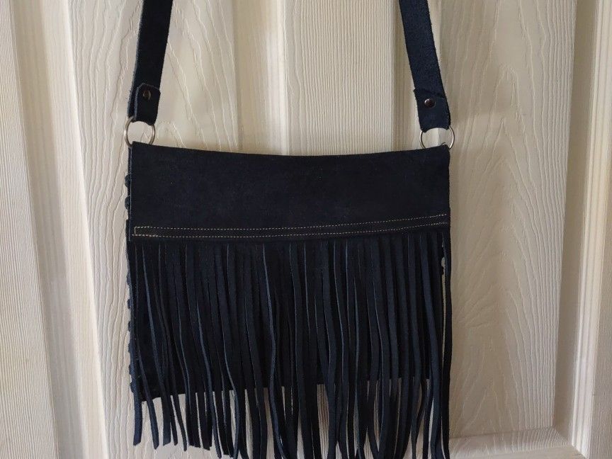Western Wear Denim Blue Fringe Leather Purse 