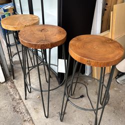 Crate and Barrel Origin Stools—3 of them—teak wood and iron base