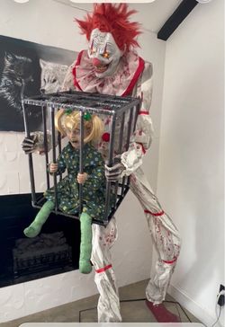 Animated Halloween Clown with Caged Doll Prop