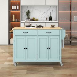 New 54.3” Mint Green Kitchen Island Cart with Solid Wood Top, Locking Wheels & Storage Cabinet