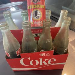 Old Coke Bottles With Case & Super Bowl Redskin Can