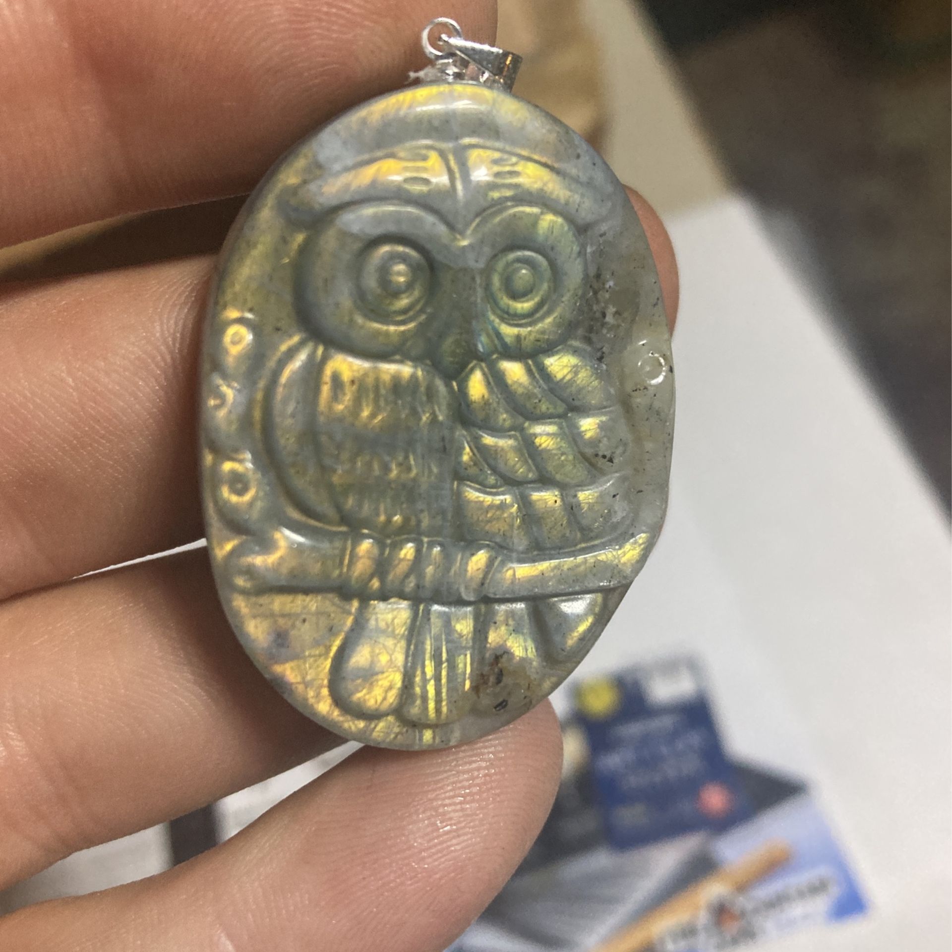 Labradorite Owl Necklace Yellow Flash Silver 925 Chain