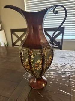SONOMA Decoration Metal pitcher with floral design in green, gold, and orange #floral Beautiful decoration metal pitcher -16.5" Excellent like new
