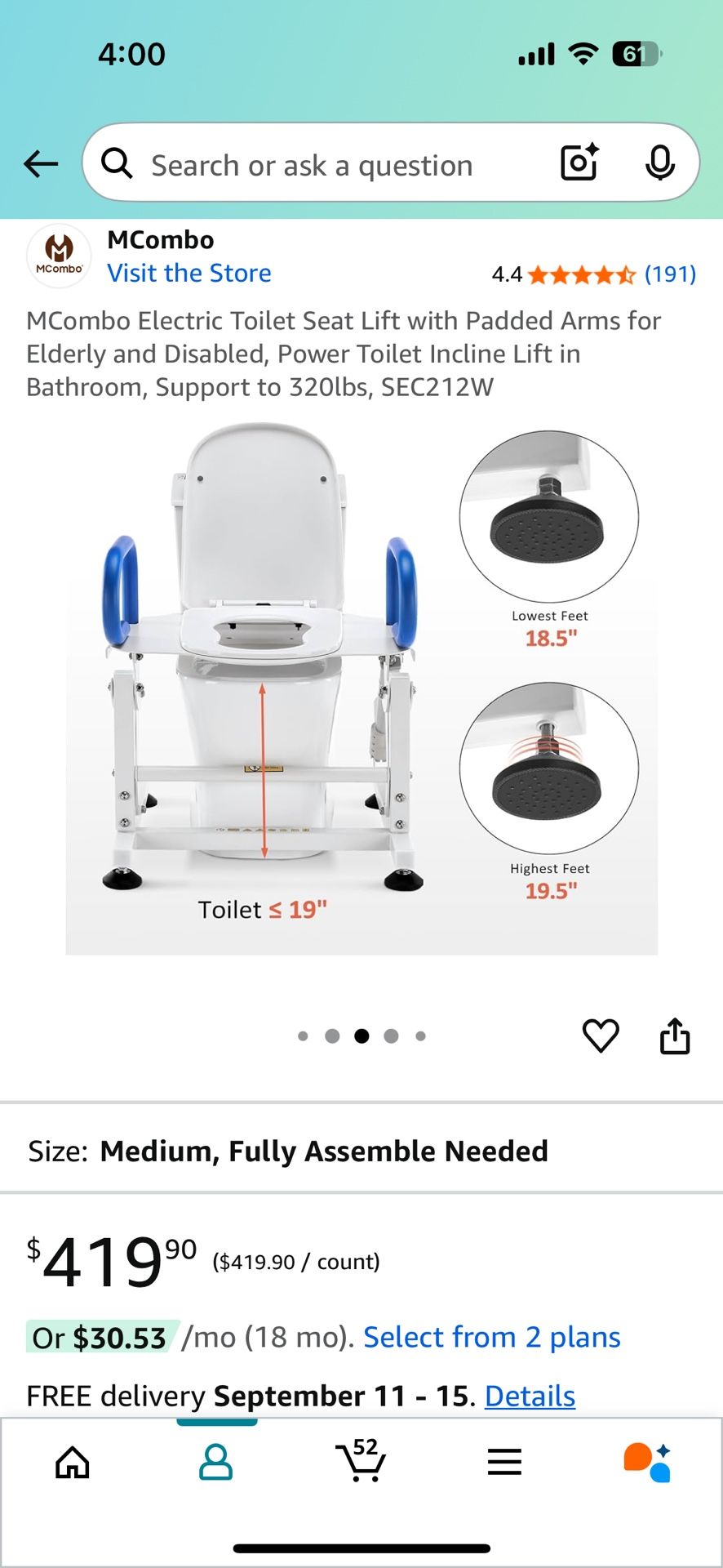 MCombo Electric Toilet Seat Lift Riser with Padded Arms.