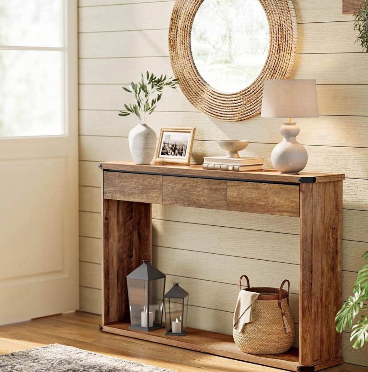 Console Table, 47.2 Inches Sofa Table, Narrow Entryway with 3 Drawers, Bottom Shelf, Metal Corners for Living Room, Bedroom, Farmhouse Sty
