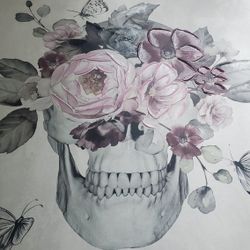 Marmon Hill Skull And Pink Peonies Painting Print On Wrapped Canvas With Hard Plastic Frame