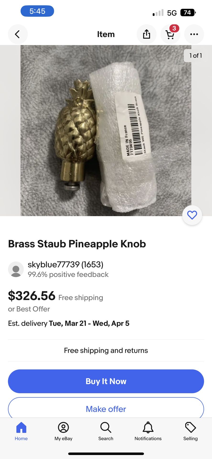 Staub Brass Pineapple Knob (Discontinued) for Sale in Ontario, CA
