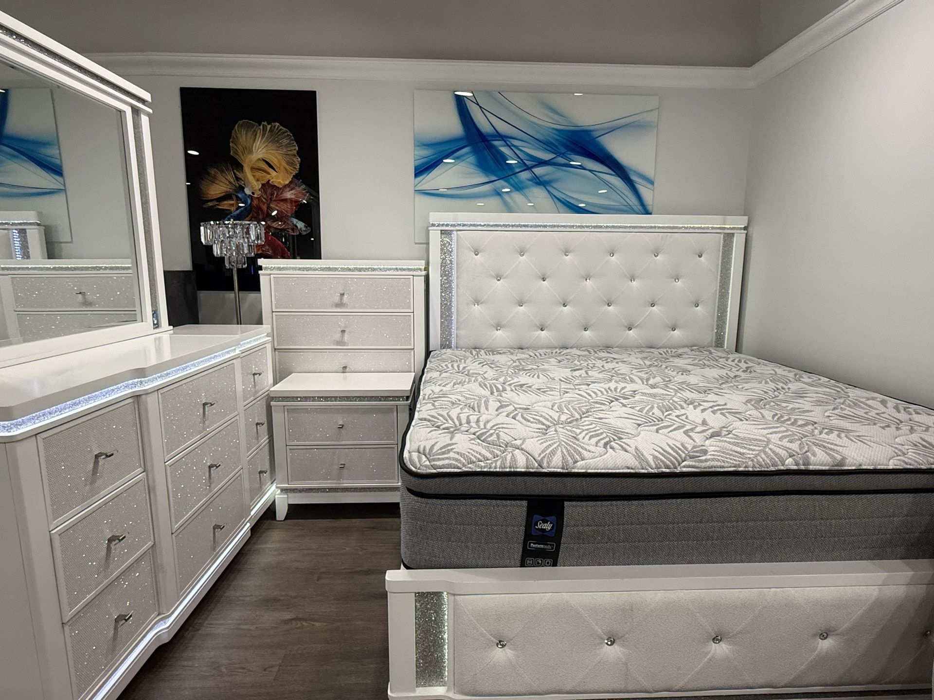Beautiful Five Piece White Bedroom Set With Led Lights