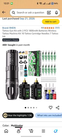 Tattoo Gun Kit with 2 PCS 1800mAh Batteries Wireless Tattoo Machine Kit 10 Tattoo Cartridge Needles 7 Tattoo Ink