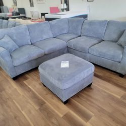 New 3pc Sectional And Ottoman In Dark grey Corduroy 