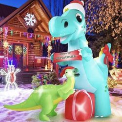 8FT Dinosaur Christmas Inflatables Outdoor Decorations, Light Up Inflatable Christmas Blow Up Yard Decorations, Giant T-rex & Parasaurolophus Xmas Hol
