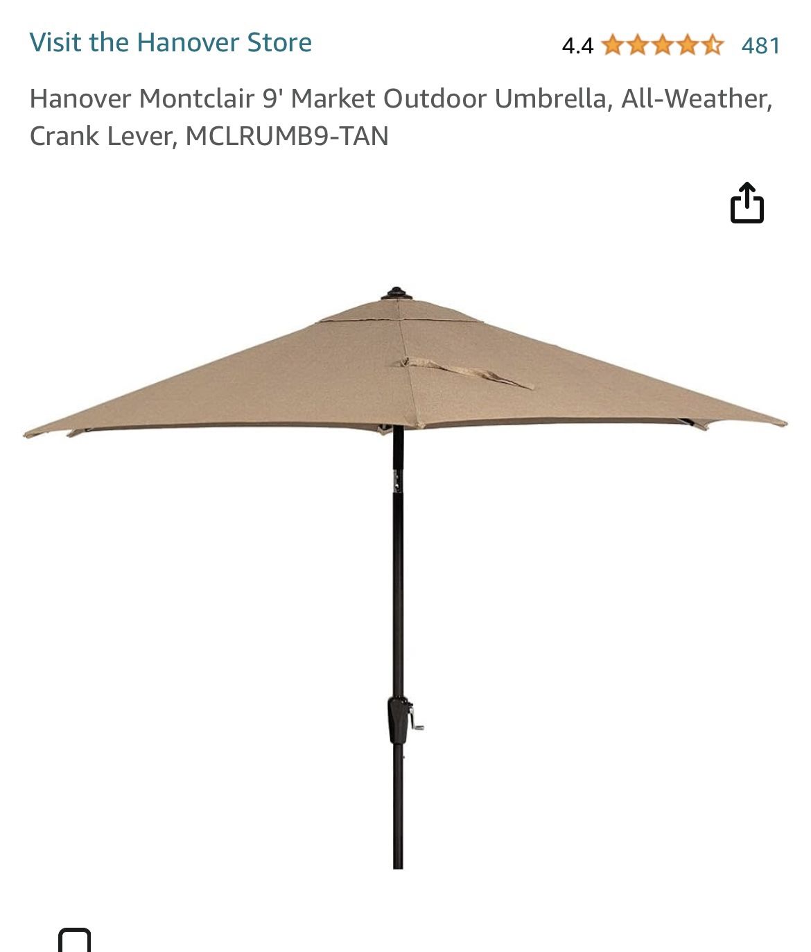 Hanover Montclair 9' Market Outdoor Umbrella, All-Weather, Crank Lever, MCLRUMB9-TAN NEW