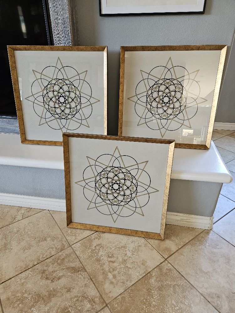 Z Gallerie Set Of 3 Black & Gold Geo Framed Prints