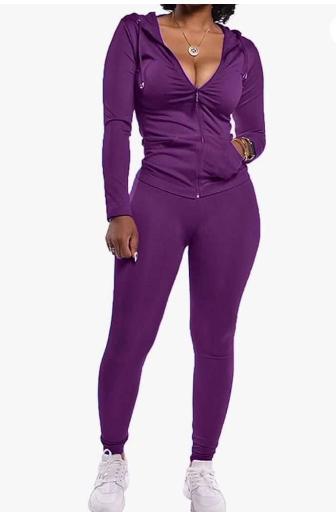 $12 Medium Purple 2 Piece Tracksuit Set Long Sleeve Zipper Hoodie Jacket With Sweatpants Workout Set