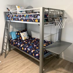 Metal Bunk Bed with Desk & Basketball Hoop – Excellent Condition