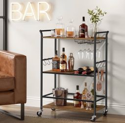Bar Cart, Steel Serving Cart on Wheels with Wine Rack and Glass Holder, 25.4 x 12.6 x 33.7 Inches, Rustic Brown, for Kitchen and Living Room, Barnet C