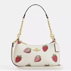 Coach cream, strawberry pattern shoulder bag