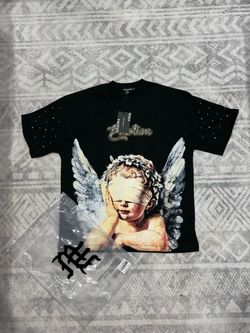 Mixed Emotion black graphic tee with blindfolded angel