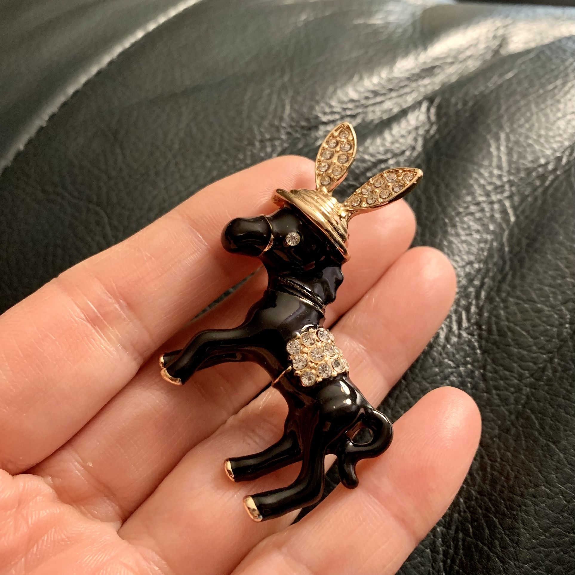 Black Donkey Brooch 2”x2” Rhinestones And Alloy