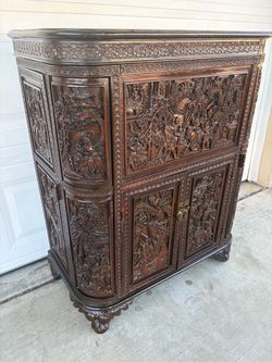 Antique Asian Hand-Carved Wood Cabinet